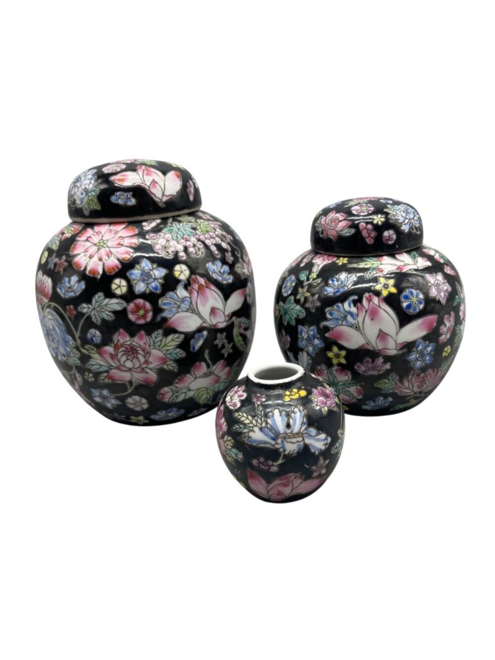 Hand-Painted Floral Porcelain Ginger Jar Set Black Multicolor 3-Piece Made China